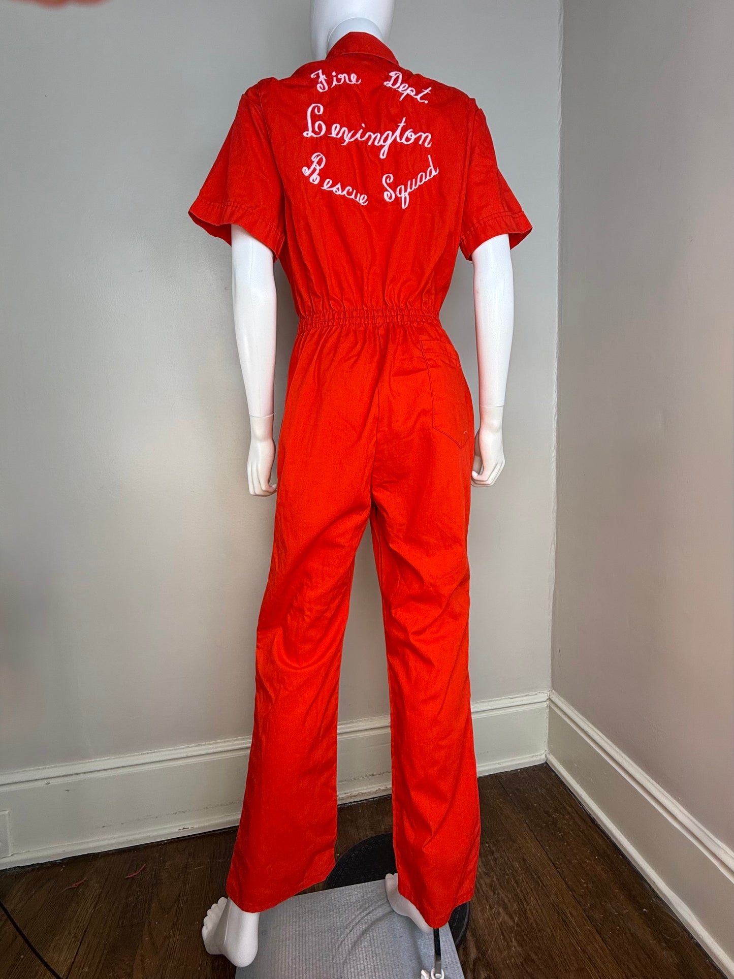 1970s Women’s Coveralls Jumpsuit, Red Short Sleeve, Embroidered, Lexington Fire Dept Rescue Squad, Boiler Suit, S&H Uniforms Size Medium
