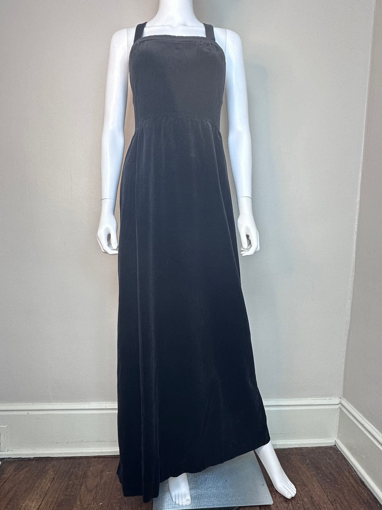 1960s Black Velvet Sleeveless Maxi Dress, Lanz Size XS