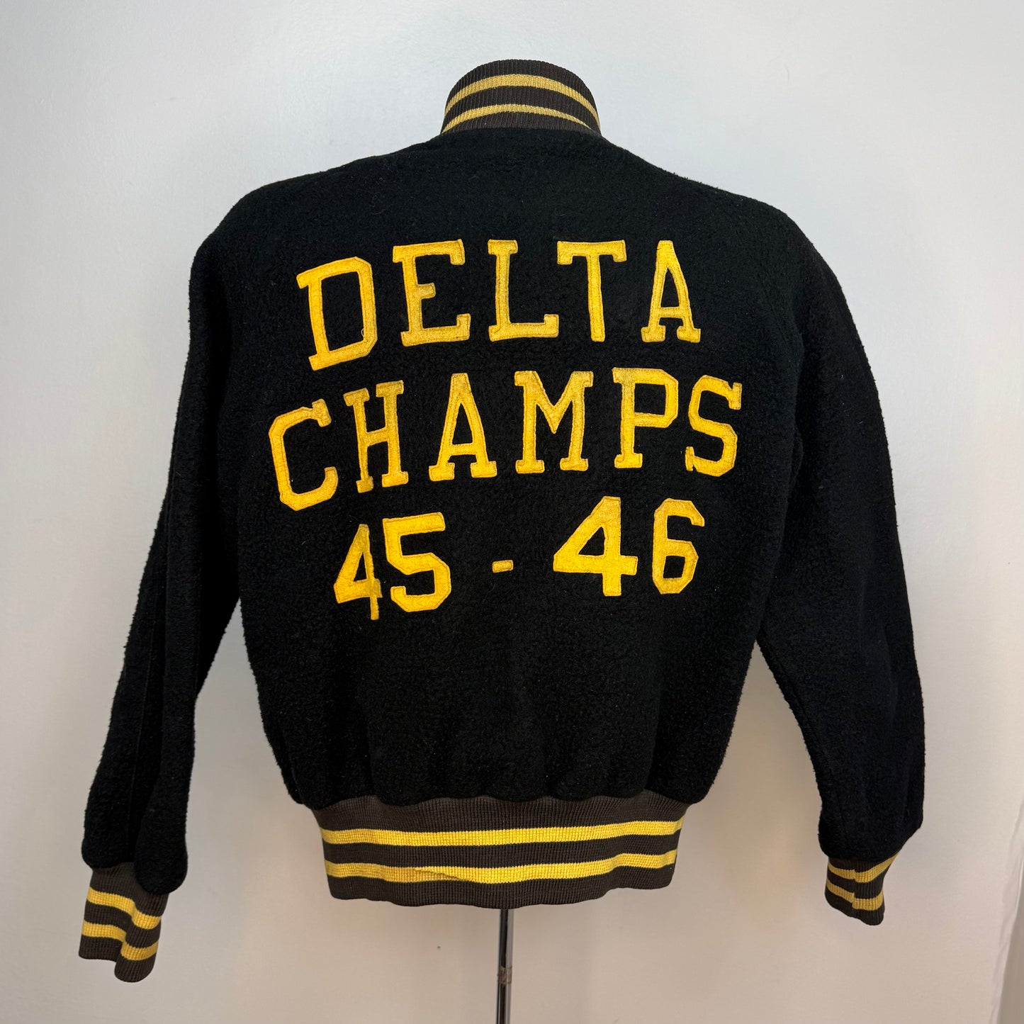 1940s Varsity Jacket, Black and Yellow, Delta Champs 45-46, Size Medium/Large