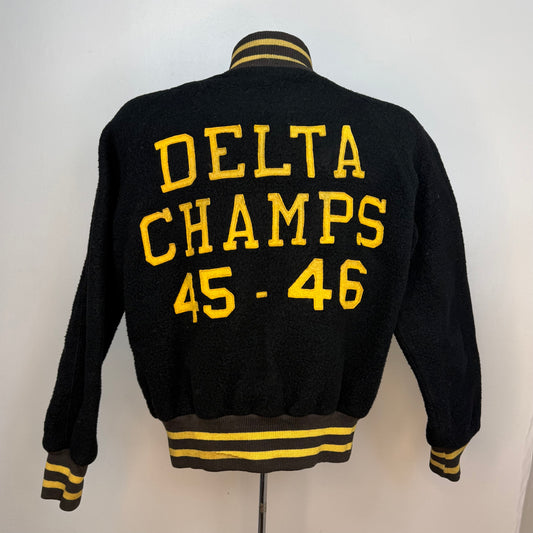 1940s Varsity Jacket, Black and Yellow, Delta Champs 45-46, Size Medium/Large