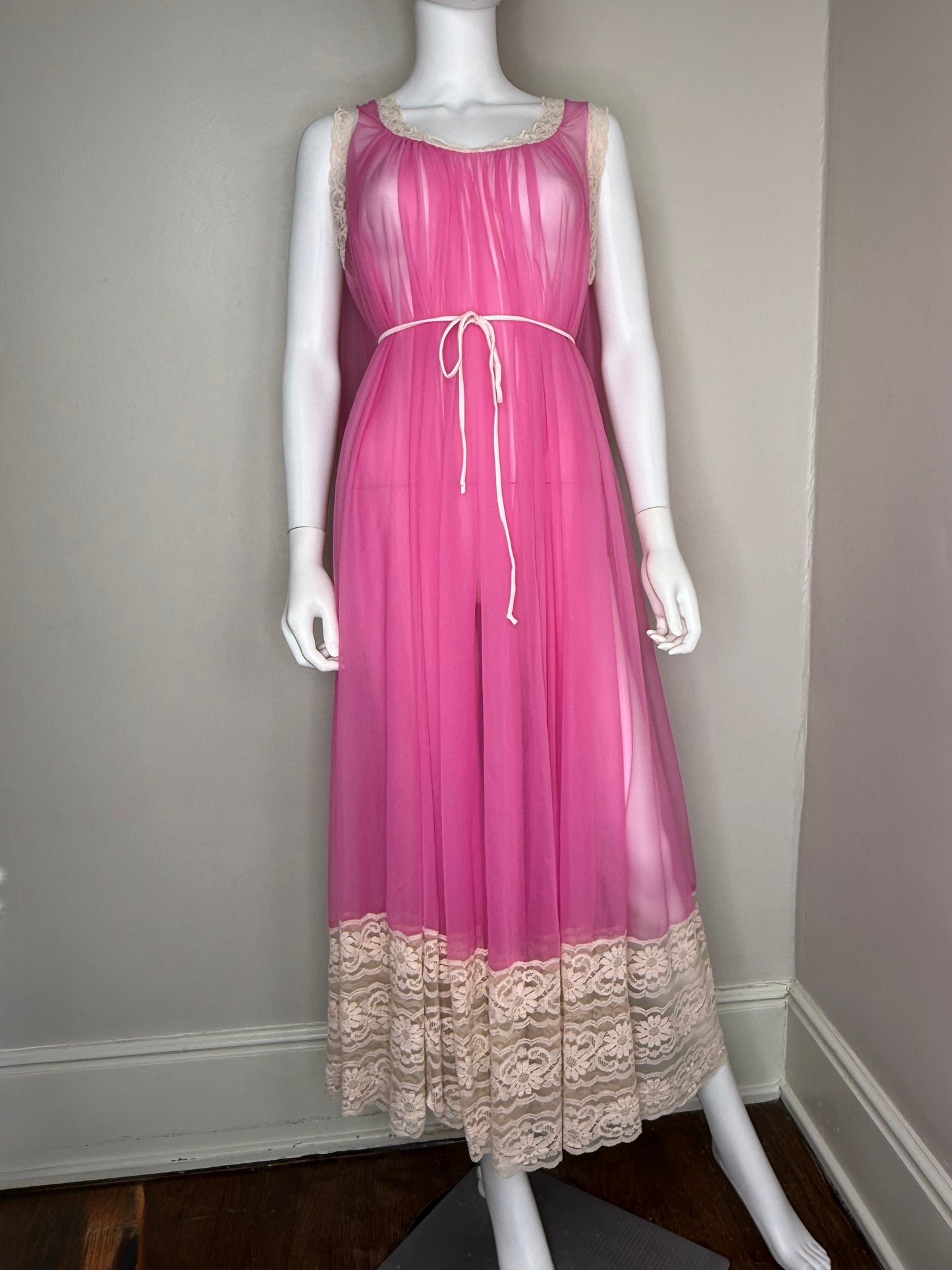 1960s Sheer Pink Nightgown, Miss Elaine, One Size, Huge Sweep Caftan