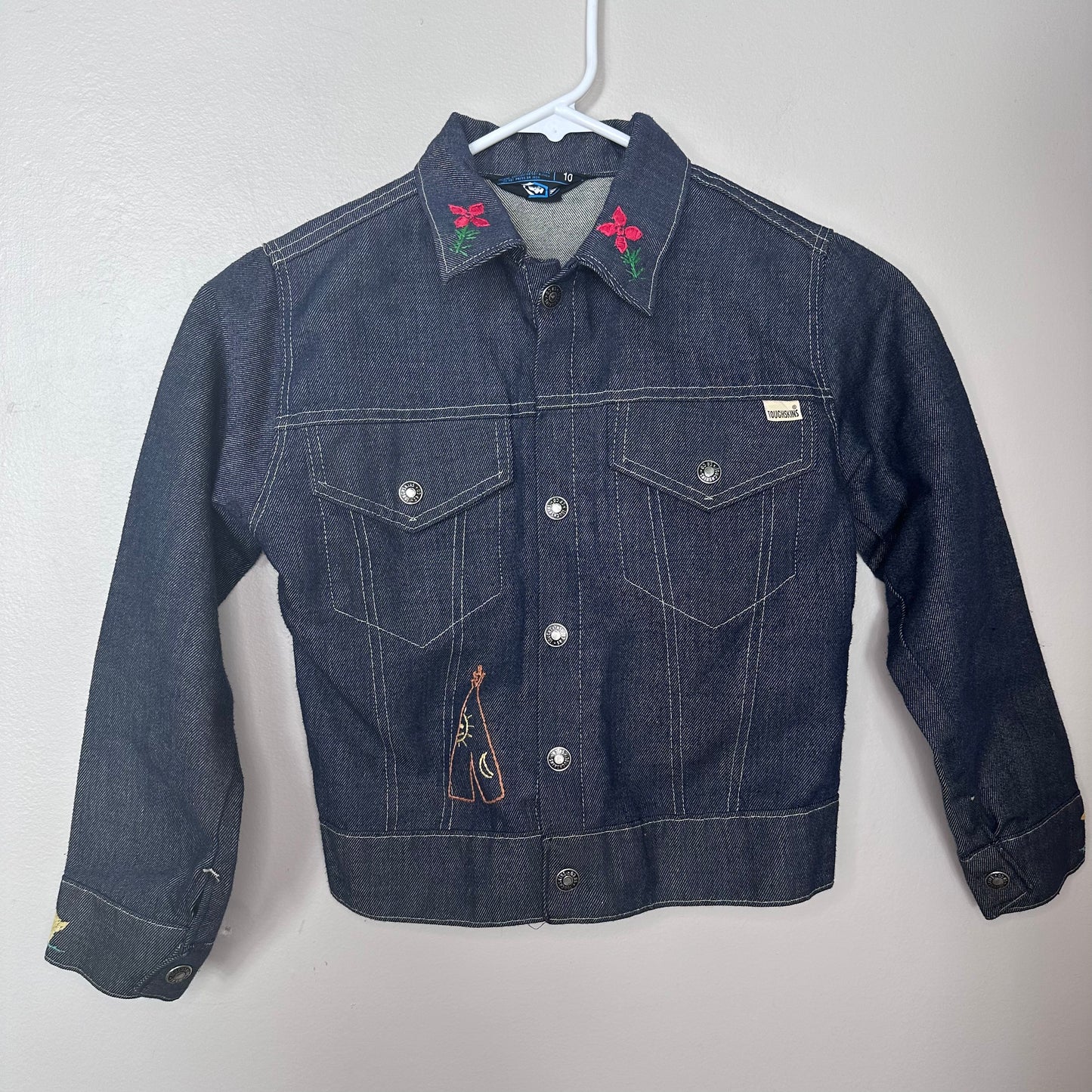 1970s Kids Blue Jean Jacket with Hand Stitched Embroidery, Toughskins Denim, Sears Boys Size 8/9