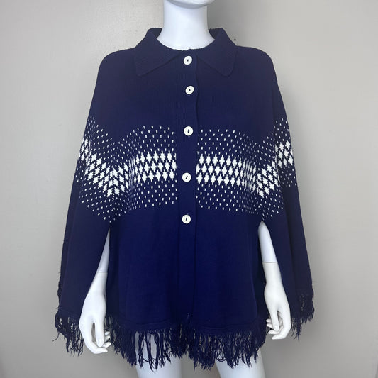 1970s Navy Blue and White Knitted Cape, Poncho