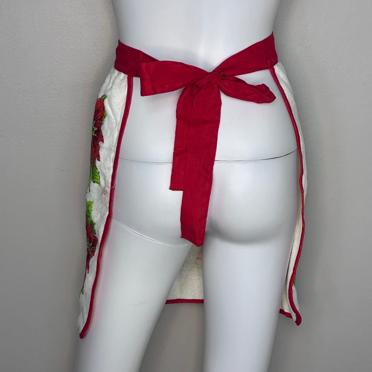 1960s Christmas Poinsettias Half Apron, Terry Cloth, New Old Stock