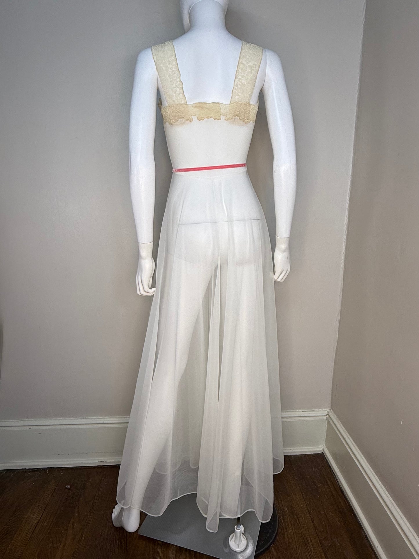 1950s Full Length Peignoir Set with Full Sweep, Sheer Off White Nylon with Cream Lace and Pink Ribbon, Yolande Size 32, XS, Night Gown and Robe, Bridal Lingerie