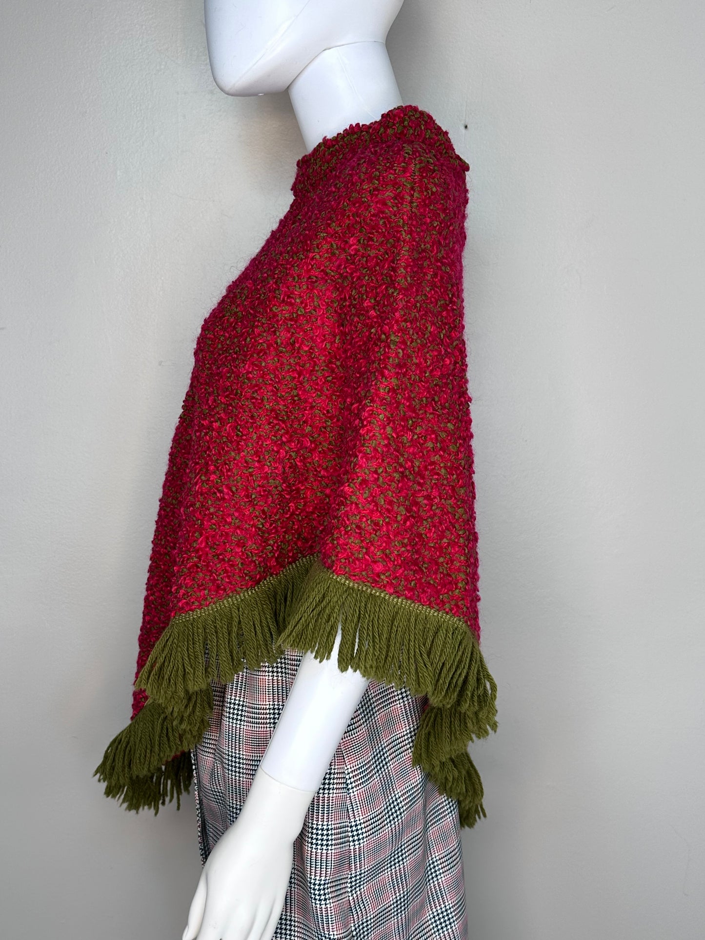 1960s/70s Red and Green Boucle Poncho with Fringe, Handmade Size Small