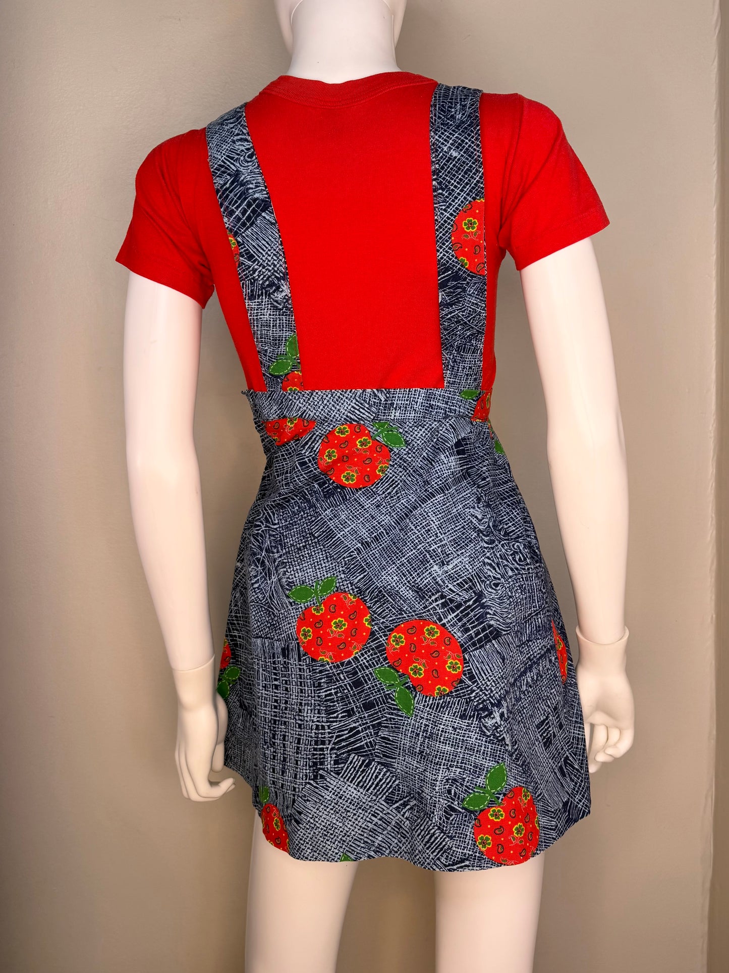 1970s Girls’ Jumper, Low Back Overall Dress, Apple Print, Handmade Size 8