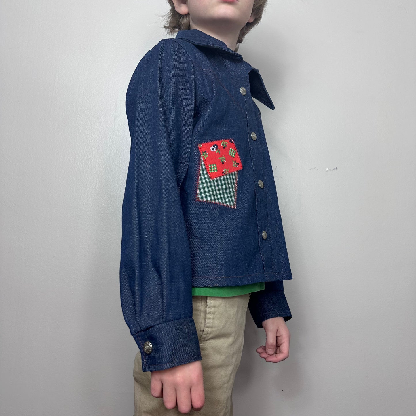 1970s Girls Denim Jacket with Patches, Peaches ‘n Cream, Kids Size 8/10