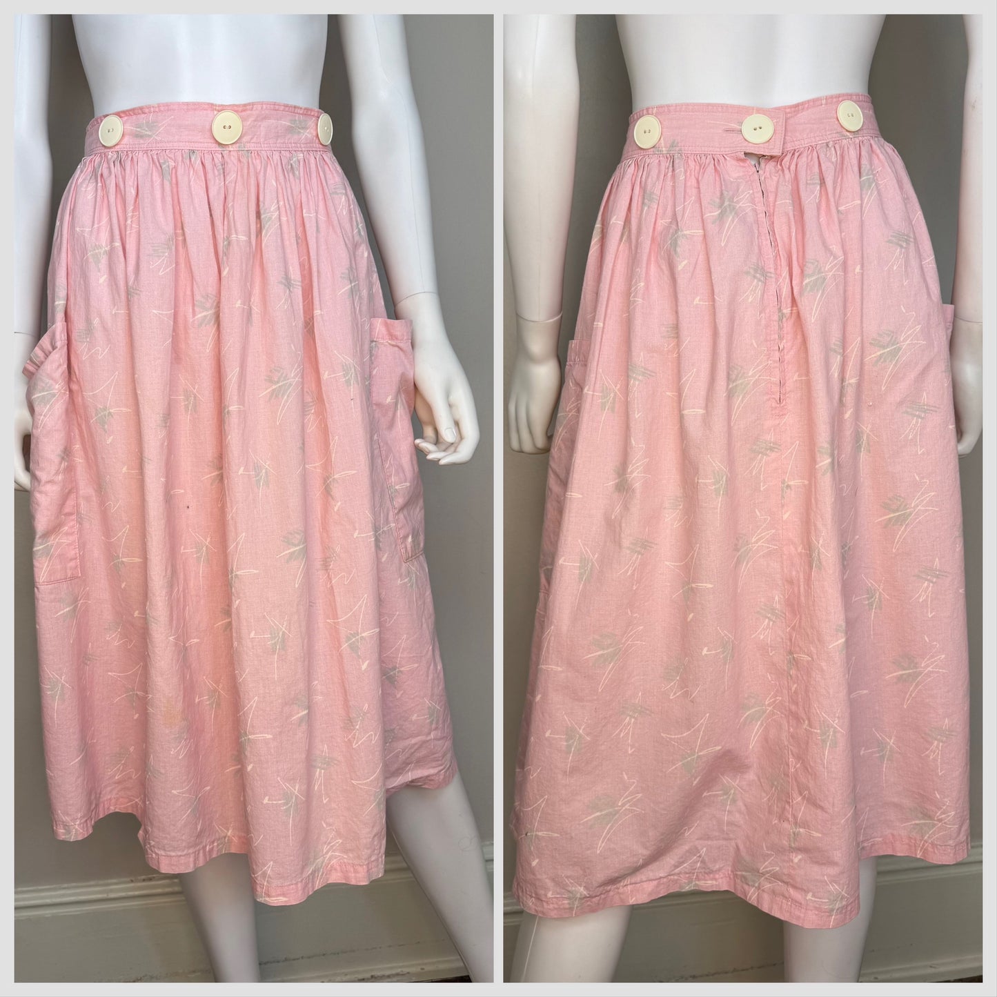 1980s Pastel Pink Abstract Geometric Skirt with Removable Suspender Straps, Scribble Art, Size Medium