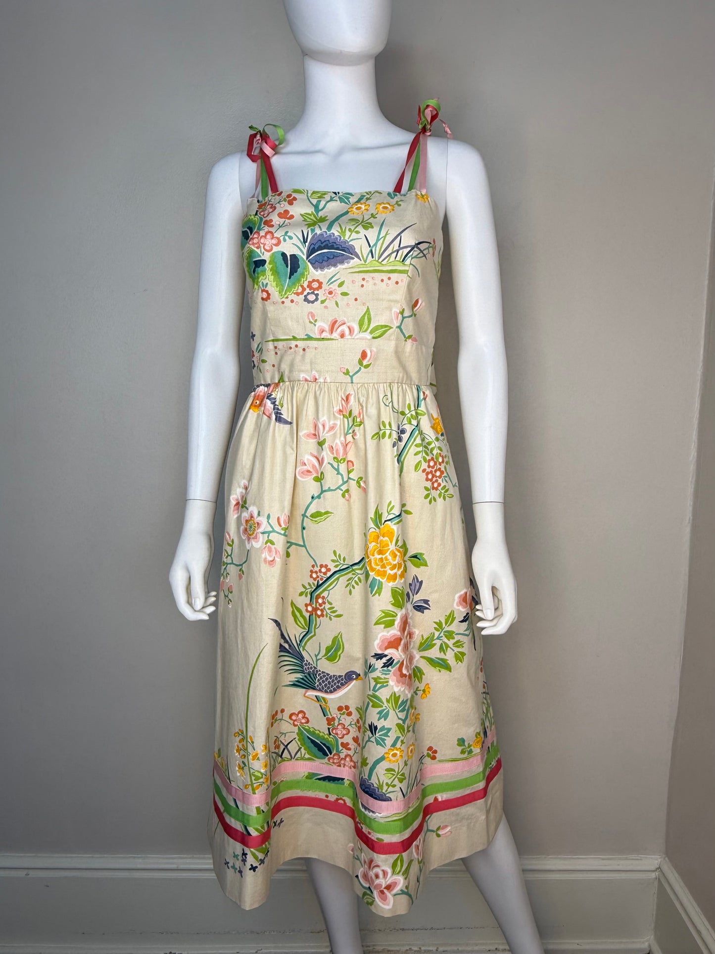 1980s Birds and Floral Sundress, Blair Woolverton Size XS, Sleeveless Dress, Grossgrain Ribbon Straps and Trim
