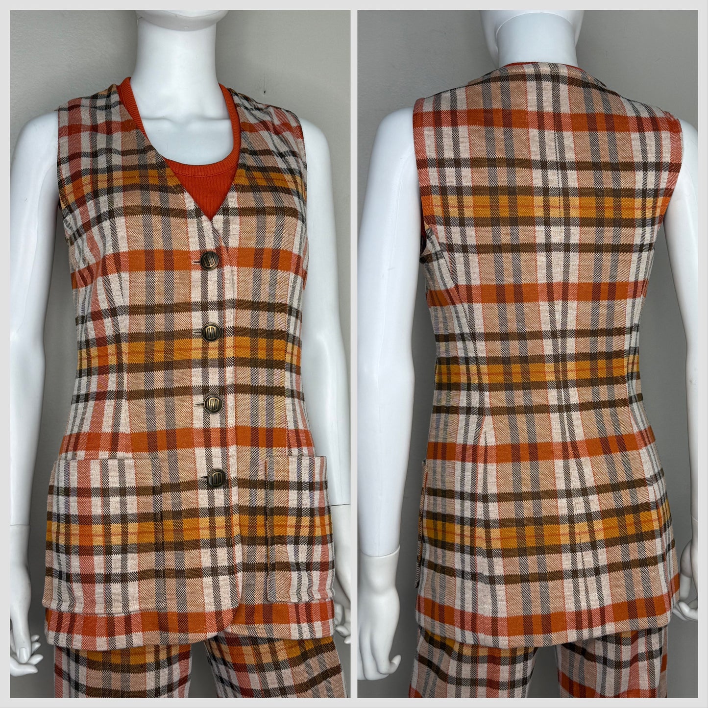 1970s Women’s Plaid Double Knit Pant Suit, Vest Top and Pants set, Peck & Peck for Act III Size Small