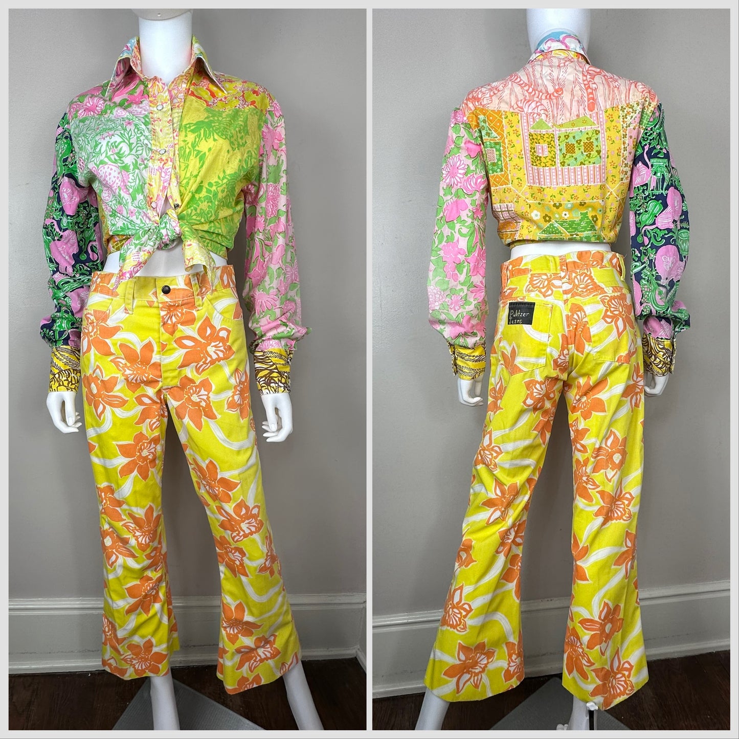 1960s Yellow and Orange Floral Pulitzer Jeans, Lilly Pulitzer Men’s Stuff Pants, 28.5"x27.5"