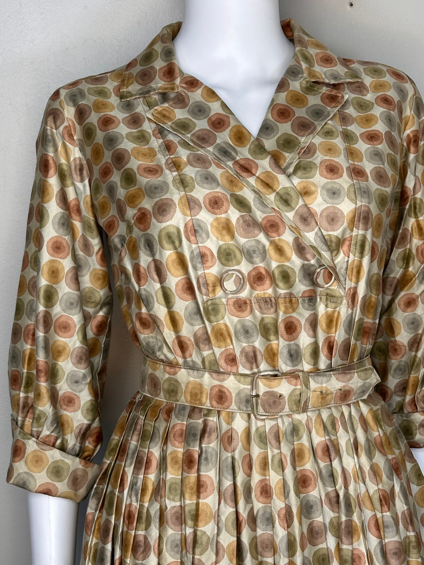 1950s/60s Mocha Polka Dot Shirtwaist Dress with Full Skirt, Wendy Woods Size XS