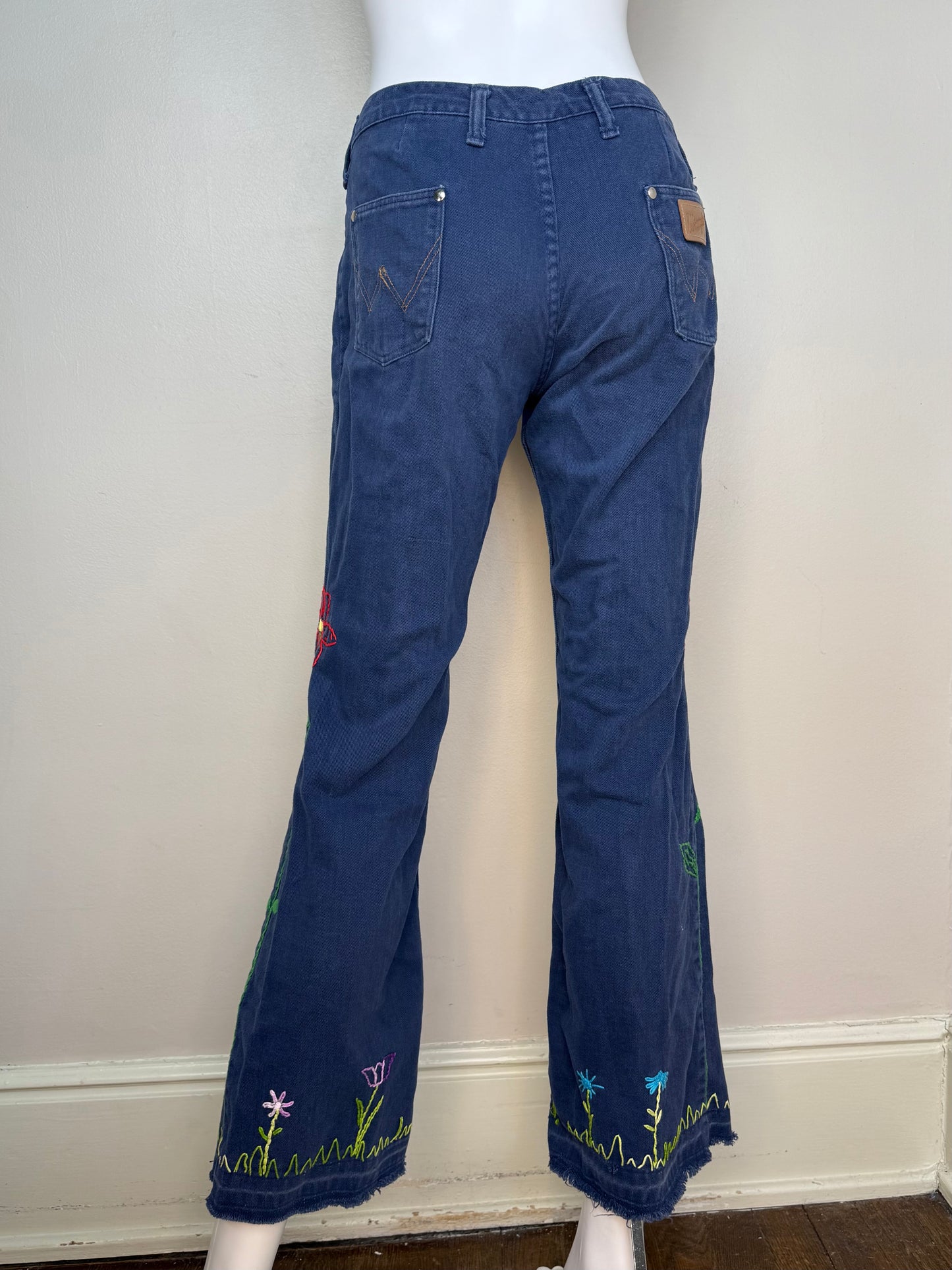 1960s Wrangler Jeans with Floral Embroidery, Low Rise, Flare Leg, Navy Brushed Denim, Hand Embroidered, 26.5"x29"