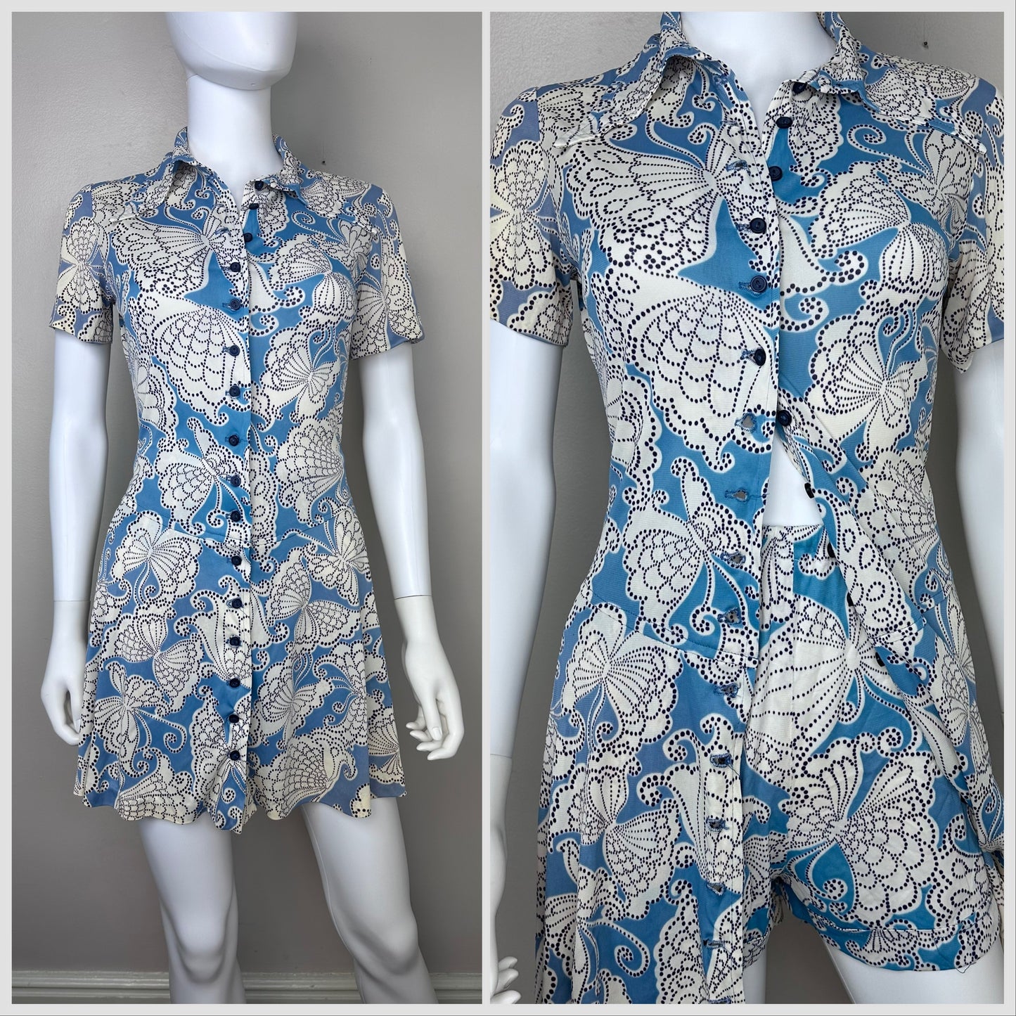 1970s Blue Butterfly Sizzler Set, Micro Mini Dress and Hot Pants Shorts, Teena Paige Fashions Size Small