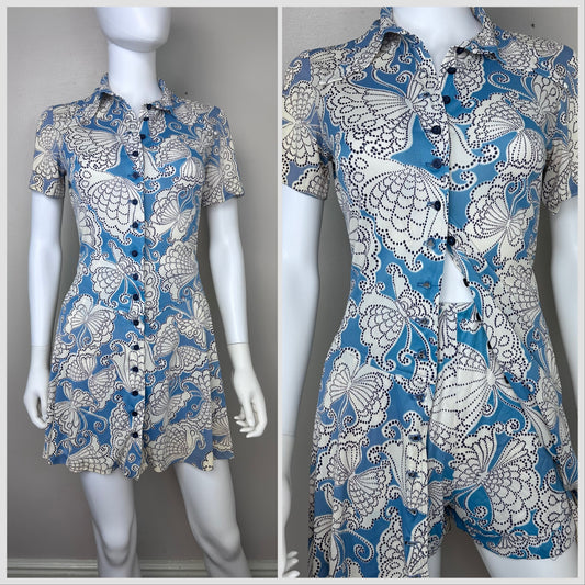 1970s Blue Butterfly Sizzler Set, Micro Mini Dress and Hot Pants Shorts, Teena Paige Fashions Size Small