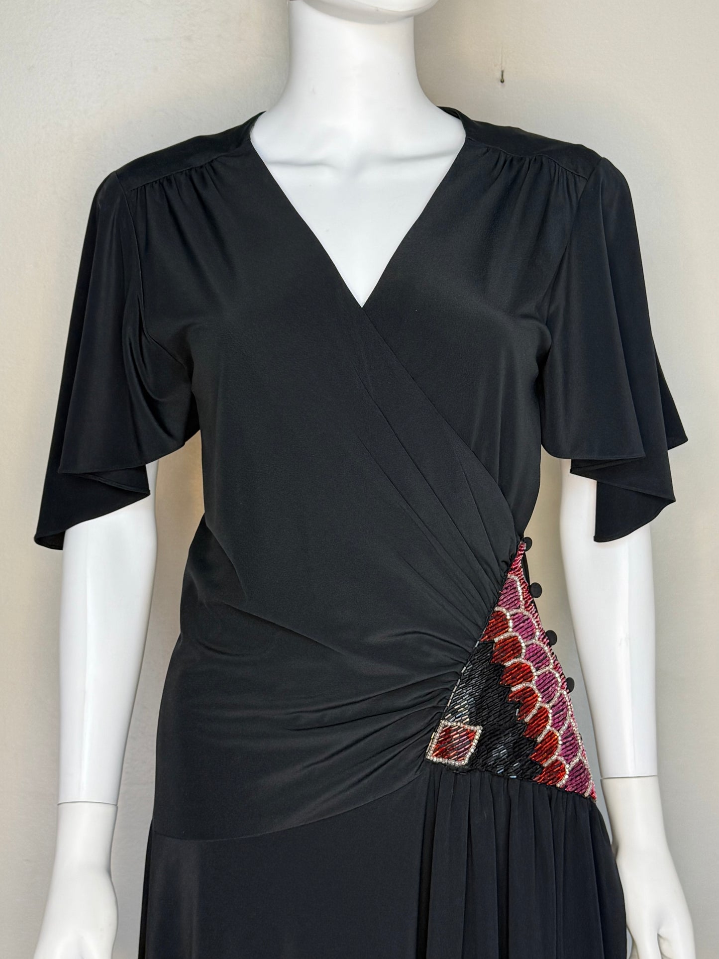 1970s/80s Black Handkerchief Hem Drop Waist Wrap Dress with Beaded Panel, Rimini Size Small-Medium