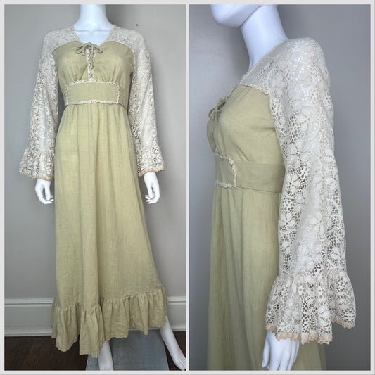 1970s Khaki Gauze with Cream Lace Maxi Dress, Size Small, Corset Bodice, Gunne Sax Prairie Cottagecore Style