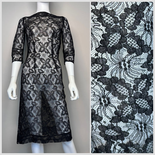 1960s Sheer Black Lace Dress, Size XS, Fitted Midi Length, Boat Neck, 3/4 Sleeves