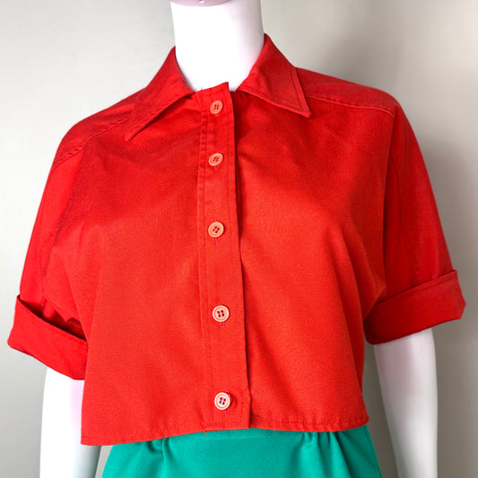 1970s Red Cropped Blouse, N.R.1 By Ned Gould Size Medium