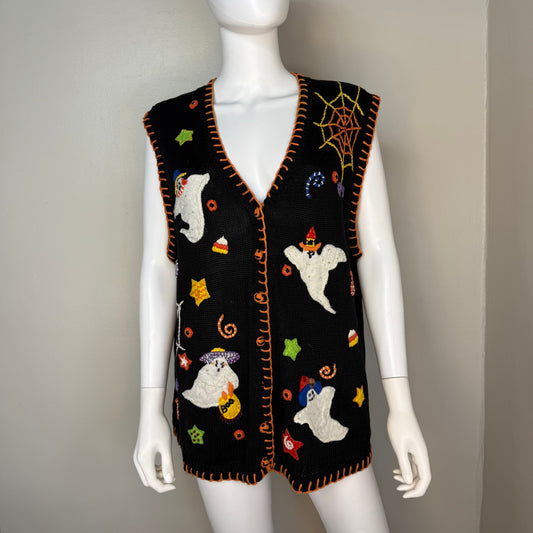 Y2K Halloween Sweater Vest Cardigan, Tiara International Size XL, 2002, Ghosts Applique, Spider Web Embroidery