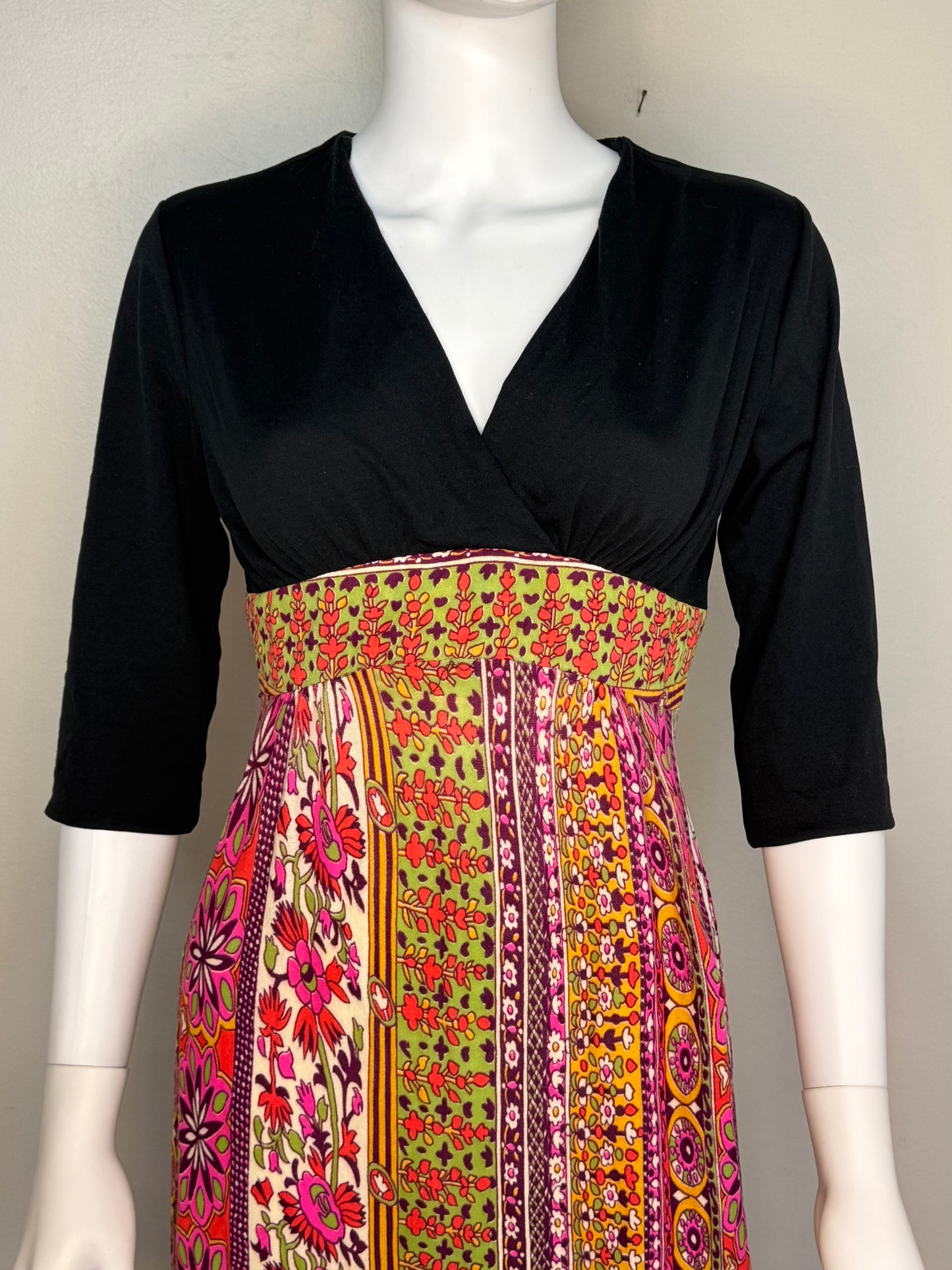 1970s Psychedelic Floral Stripe Maxi Dress, Border Print, Size Small