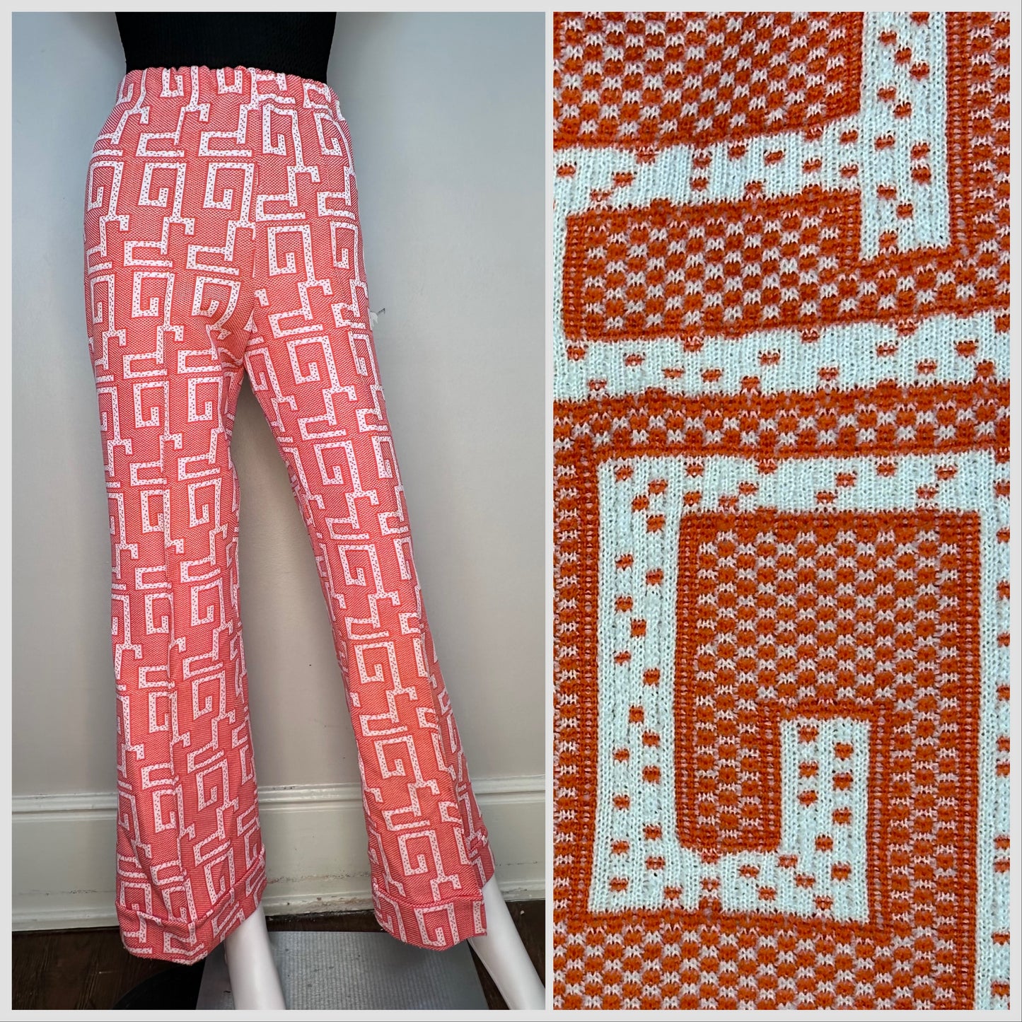 1970s Funky Orange Geometric Design Bellbottom Polyester Pants, Size Small-Medium, Elastic Waist