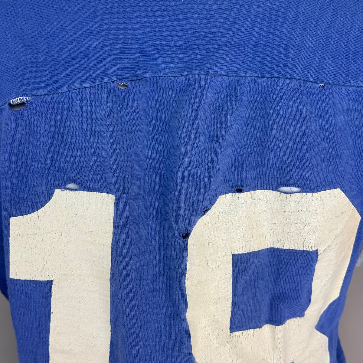 1960s Blue Cotton Jersey T-Shirt, HaneSport Size Small, No. 18, Distressed