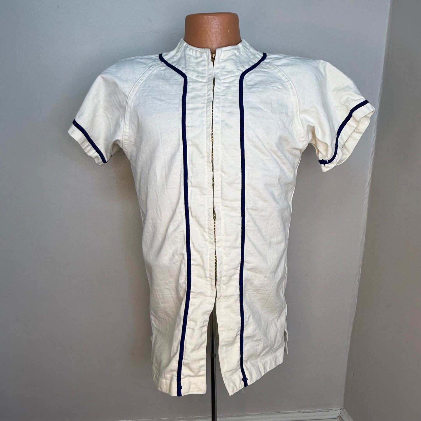 1950s Baseball Jersey, Zip Up Shirt, Russell Southern Co Size Small, Blank White with Blue Trim