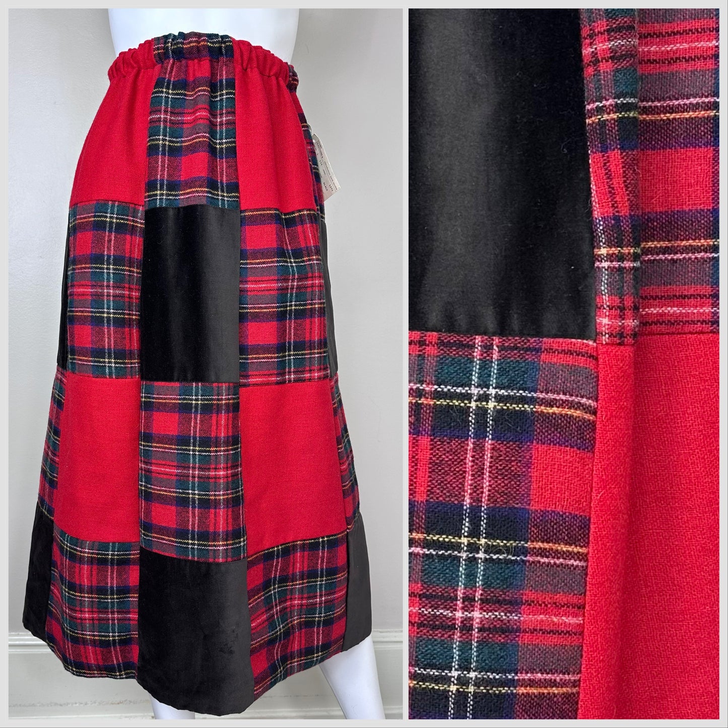 1970s Red Plaid Patchwork Midi Skirt, Young Traditions Size Small, Deadstock with Tags