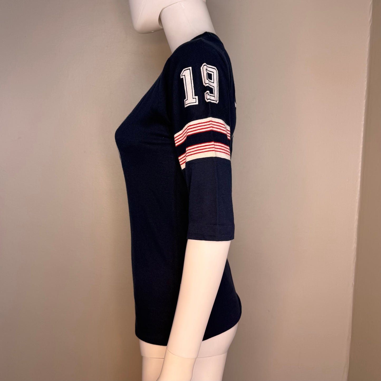 1960s/70s Navy Blue Jersey T-Shirt, Number 19, Never Iron by Campus Size Youth Large/Adult XS