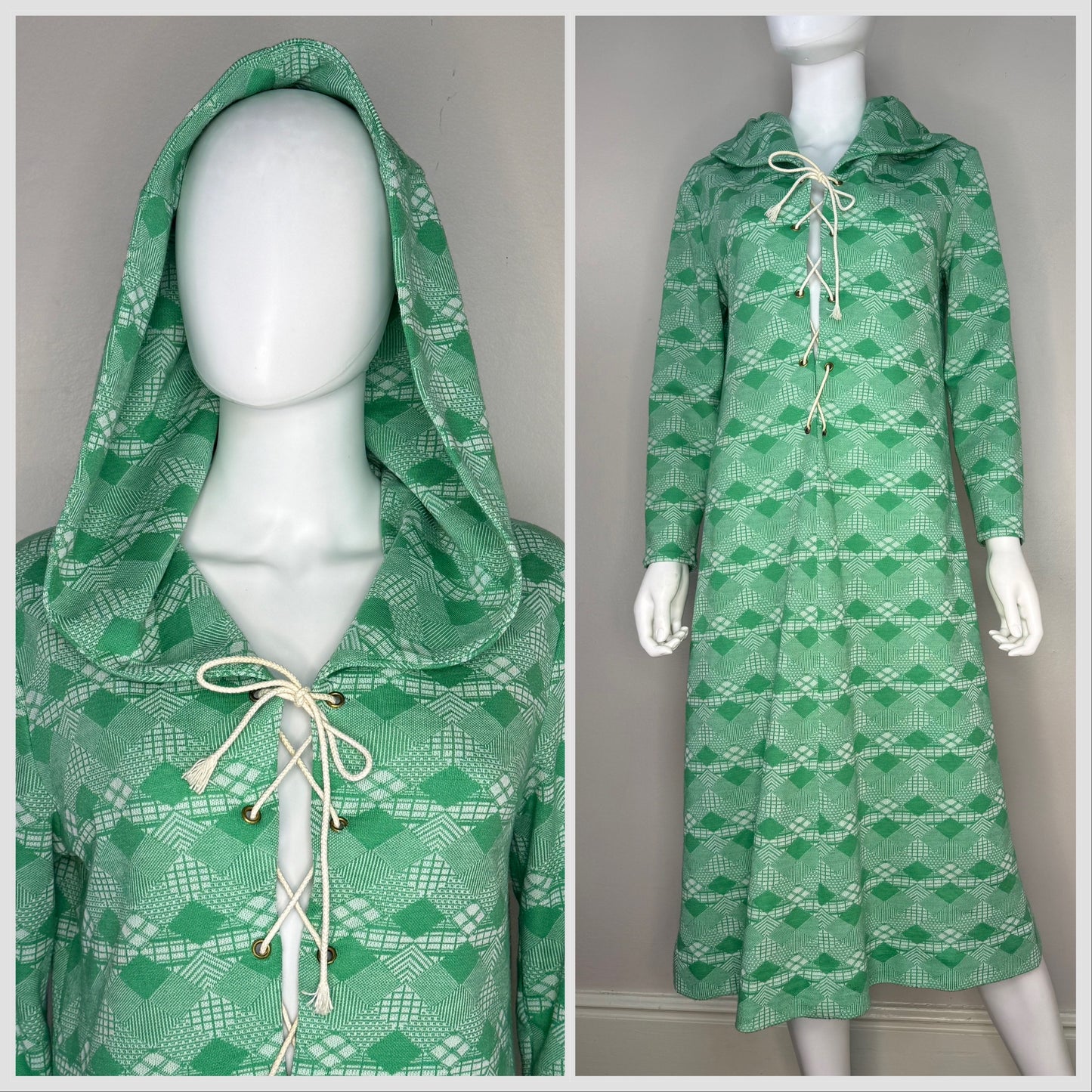 1970s Hooded Lace Up Dress, Size Medium, Green Geometric Polyester Double Knit