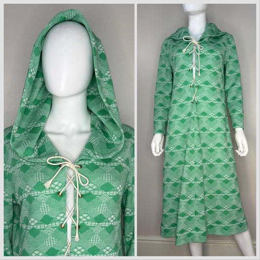1970s Hooded Lace Up Dress, Size Medium, Green Geometric Polyester Double Knit