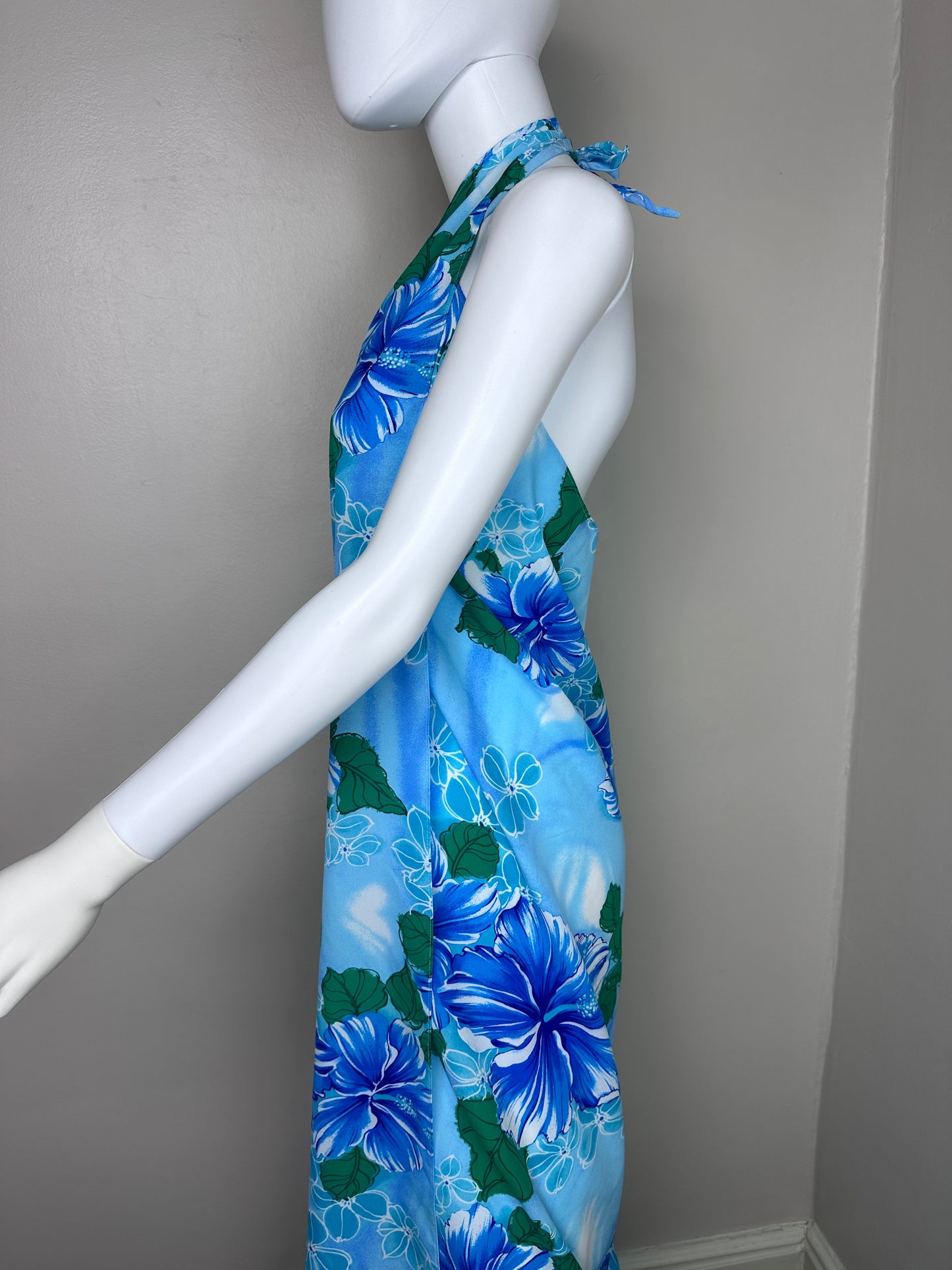 1970s Hawaiian Halter Wrap Maxi Dress, Maxi Skirt, Tropical Blue Floral