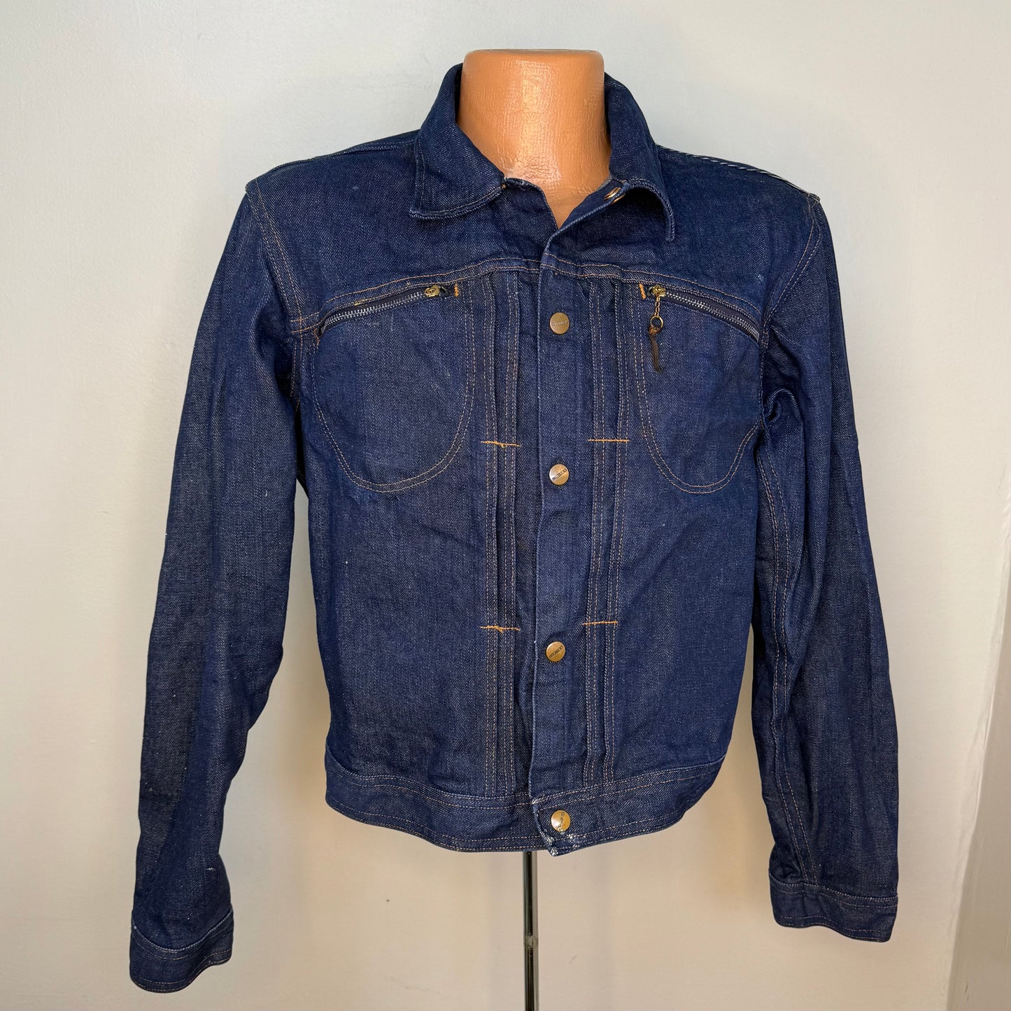 1960s Western Denim Jacket, Roebucks Sears Size Small, Front Pleats, Pocket Zippers