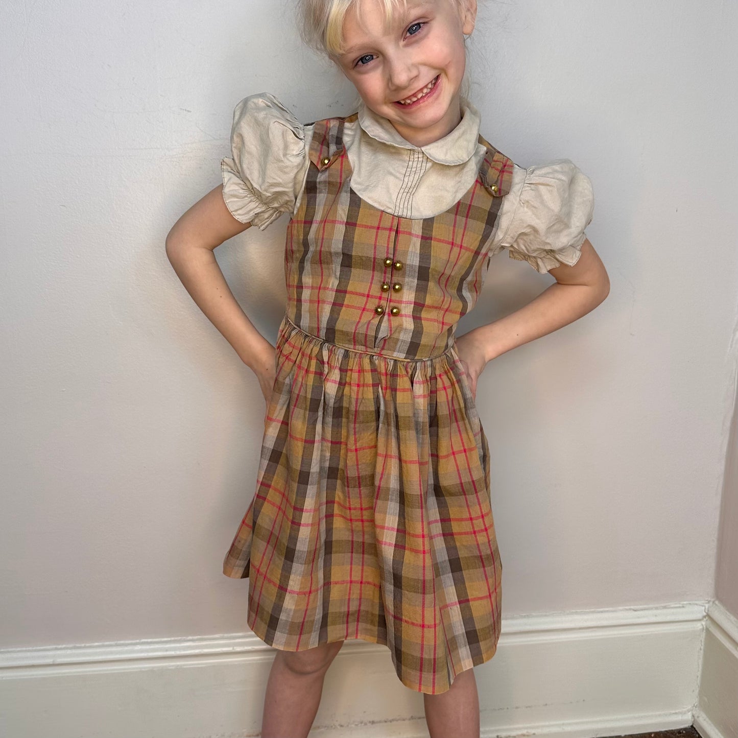 1950s Girls’ Brown Plaid Pinafore Dress with Puff Sleeves