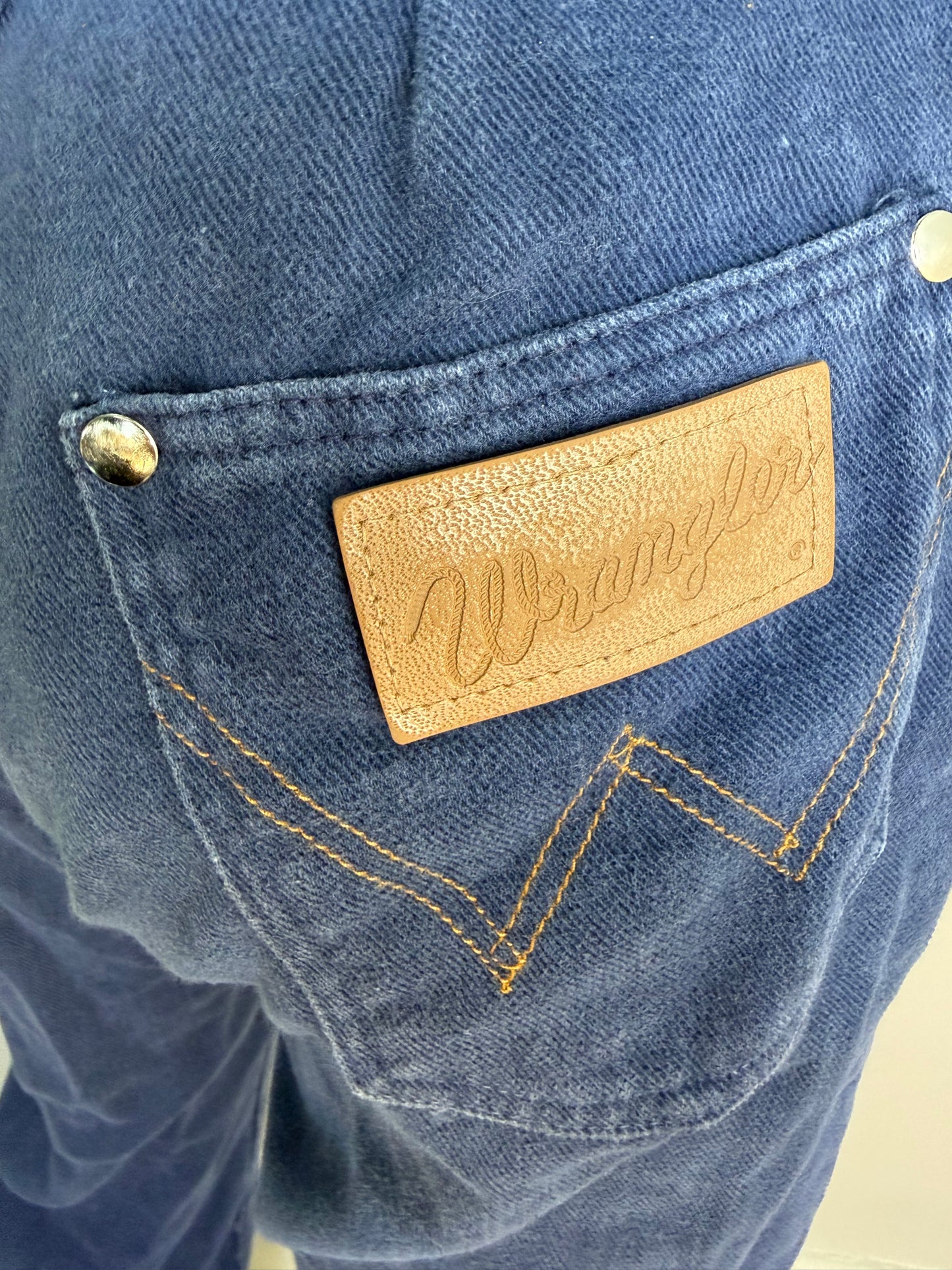 1960s Wrangler Jeans with Floral Embroidery, Low Rise, Flare Leg, Navy Brushed Denim, Hand Embroidered, 26.5"x29"