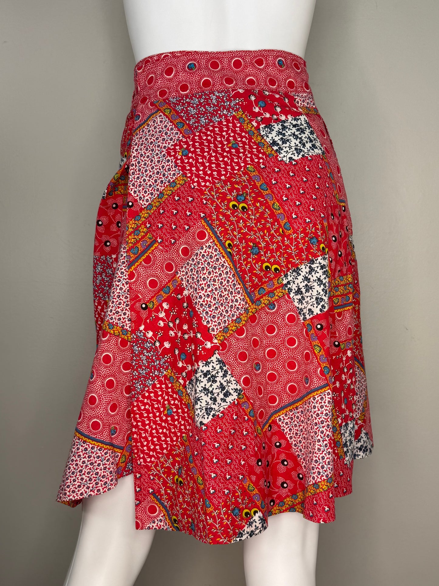 1970s Red Patchwork Print Wrap Skirt, Runky Size XS, Floral and Polka Dot