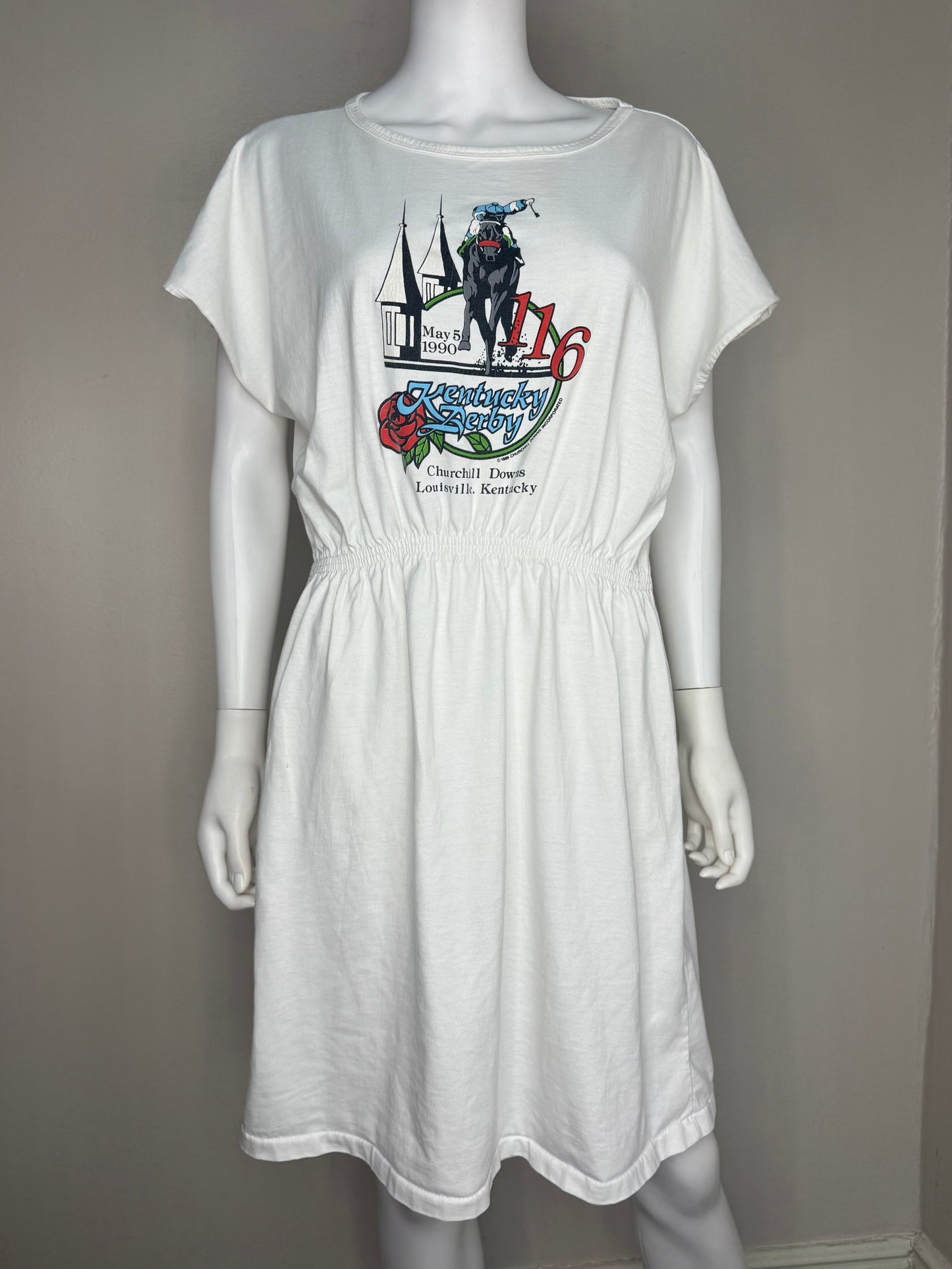 1990 Kentucky Derby T-Shirt Dress, 116 May 5, Churchill Downs Louisville Horse Race Souvenir, Size Large-XL