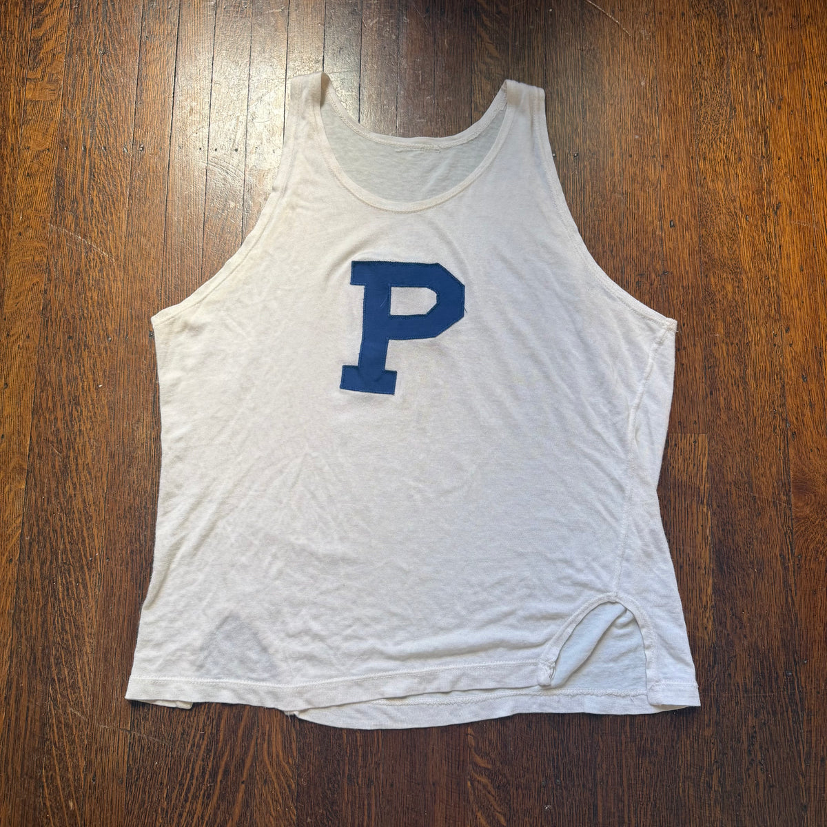 1950s/60s White Jersey Tank Top, Size Large, Applique P