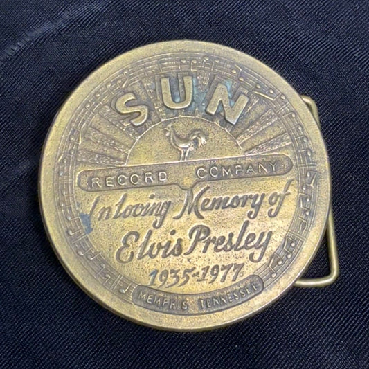 1970s Elvis Presley Brass Belt Buckle, Sun Record Company In Loving Memory of 1935-1977, Memphis Tennessee