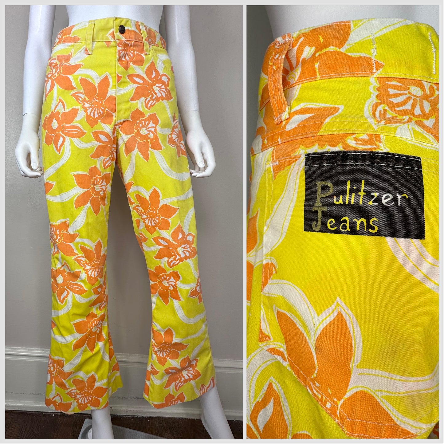 1960s Yellow and Orange Floral Pulitzer Jeans, Lilly Pulitzer Men’s Stuff Pants, 28.5"x27.5"