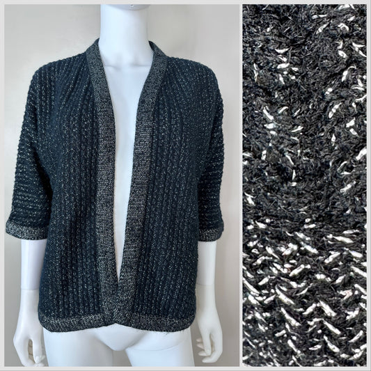 1960s Black and Silver Metallic Open Cardigan Sweater, Rosa Lee Originals of California Size M/L