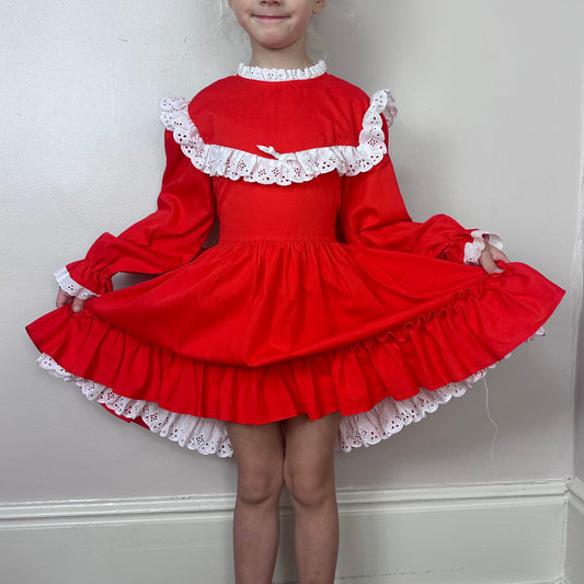 1980s Red Frilly Dress with White Eyelet Trim, Kandy Ann Size 6X