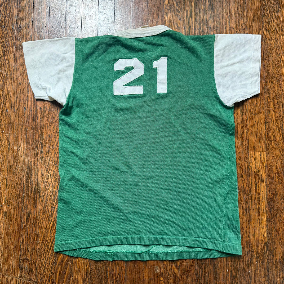 1960s/70s Kids’ Green and White Durene Jersey T-Shirt Size Youth M/Adult XS, No 21, Russell Southern Co