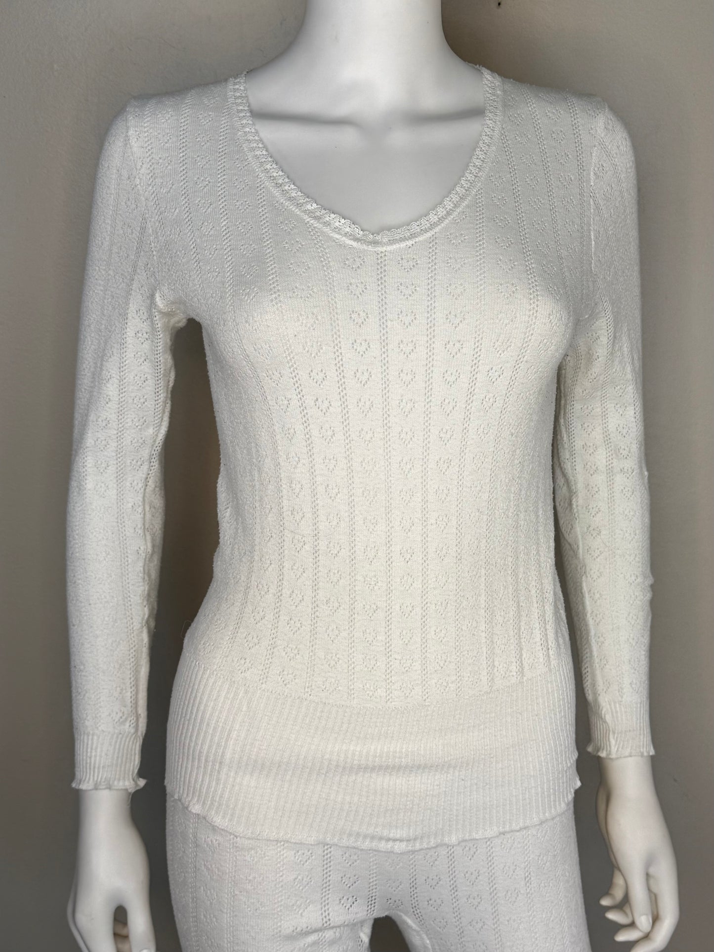 1980s White Pointelle Hearts Thermal Shirt and Pants Set, Duofold Thermax Size Medium, Long John Winter Underwear