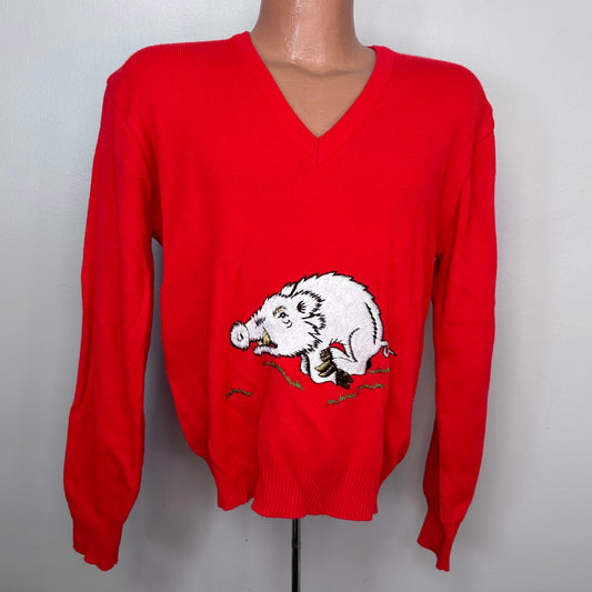 1970s Arkansas Razorbacks Embroidered Red V Neck Sweater, Le Roy Knitwear Lr II for Men Size Medium