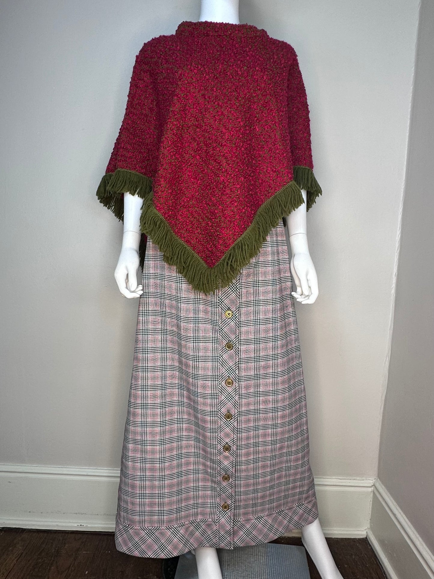 1970s Green and Red Plaid Maxi Skirt, Button Front, Size XS/S