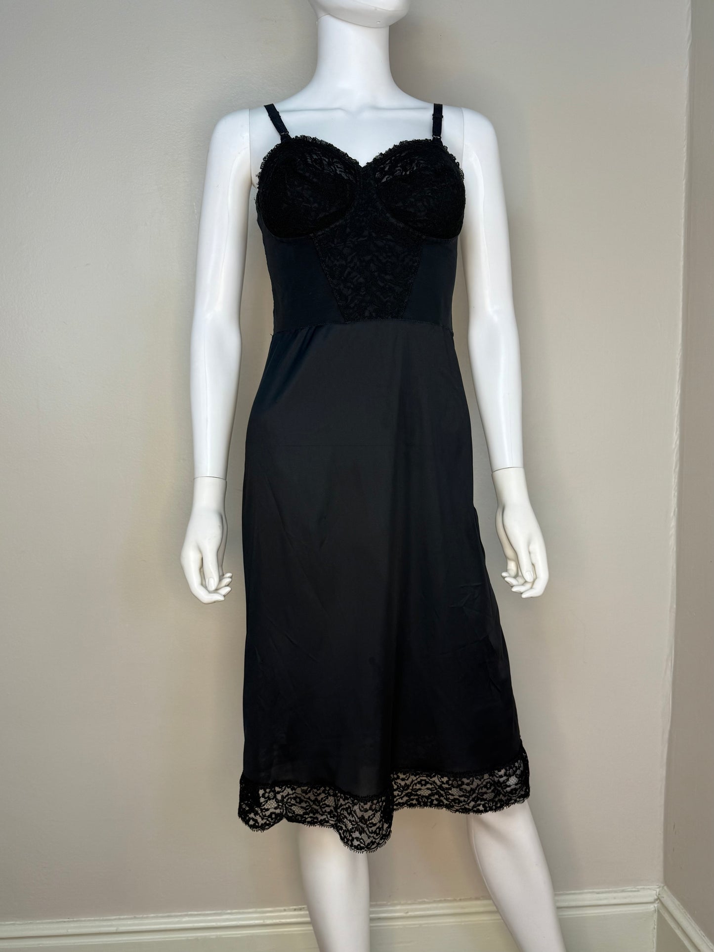 1960s Black Lace Full Slip, Pauline Gordon Pettico Bra Slip Size Small, Lingerie