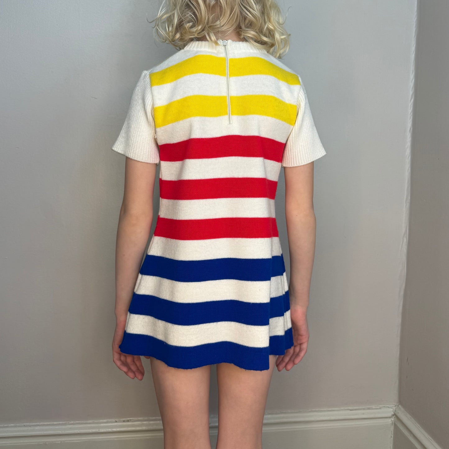 1970s Girls' Striped Knit Dress, Sears Size 5, Primary Colors, Lace Up